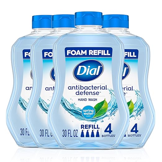 Dial Antibacterial Defense Foaming Hand Soap + Aloe, Spring Water Scent, 30 Fl Oz Hand Soap Refill (4 Pack), Dermatologist-Tested, Gentle on Skin
