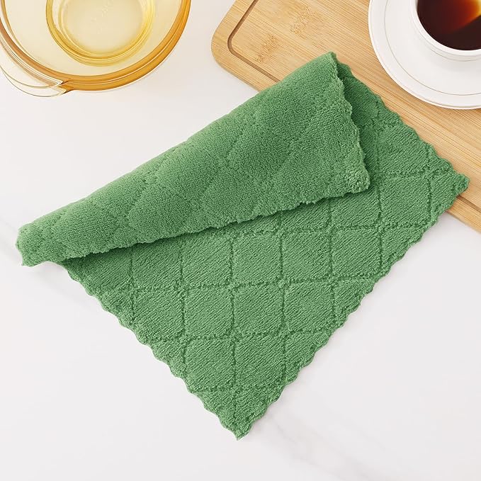 Homaxy 12 Pack Kitchen Dish Cloths (10 x 10 Inches, Grass Green), Super Soft and Absorbent Coral Velvet Dish Towels, Nonstick Oil Fast Drying Microfiber Cleaning Cloth, No Lint Household Dishcloths