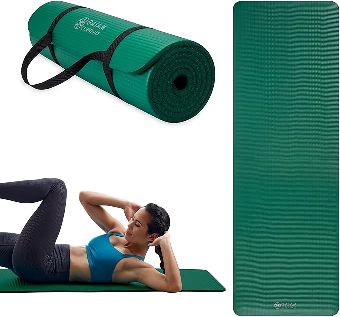 Gaiam Essentials 2/5" Thick (10mm) Yoga & Pilates, Fitness & Exercise Mat with Easy-Cinch Carrier Strap Cushion Support For Fitness and Gym Workouts