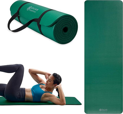Gaiam Essentials 2/5" Thick (10mm) Yoga & Pilates, Fitness & Exercise Mat with Easy-Cinch Carrier Strap Cushion Support For Fitness and Gym Workouts