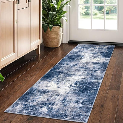 IOHOUZE Abstract Runner Rug 2x5 Ft Washable Runners for Hallways, Non Slip Kitchen Runner Printed Faux Wool Entryway Runner Indoor, Modern Abstract Floor Carpet for Hall Kitchen Bedroom, Navy/Grey