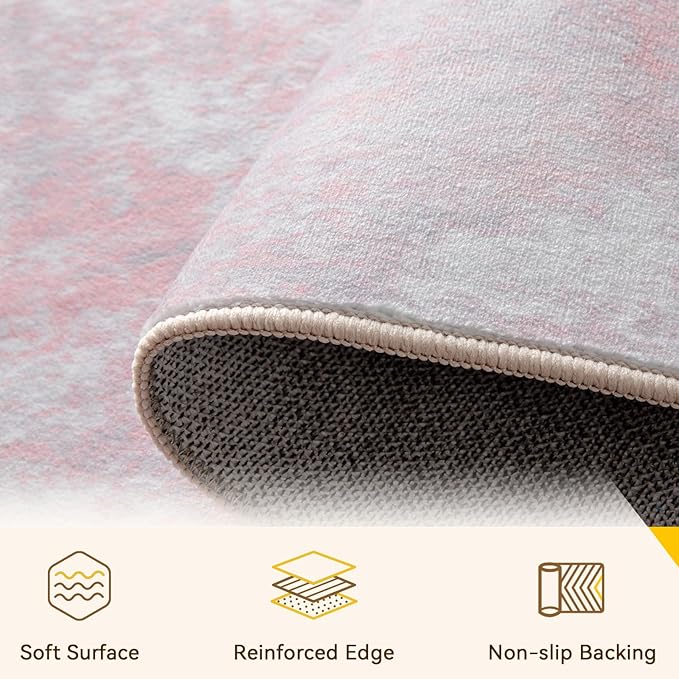 Washable Area Rugs Square 7ft Non-Slip Modern Abstract Soft for Living Room Entryway Bedroom Nursery, Print Pattern, Grey Pink