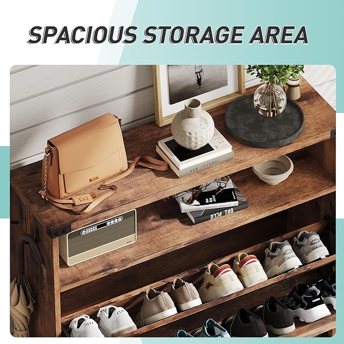 Vabches Shoe Storage Cabinet with 2 Flip Drawers,Freestanding Narrow Shoe Organizer with Open Storage,Hidden Slim Shoe Rack Cabinet for Entryway,Brown (2 Pack)