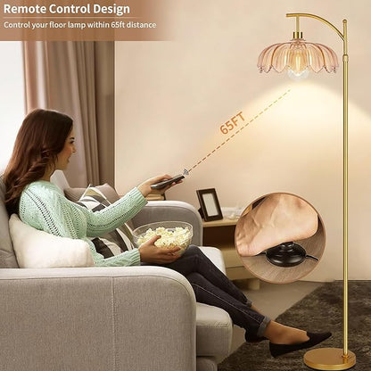 Gold Arc Floor Lamp for Living Room Bedroom,Adjustable Unique Modern Floor Lamps with Remote,Vintage Glass Standing Lamp with Dimmable Bulb,Bright Flower Brass Tall Lamp for Corner Office