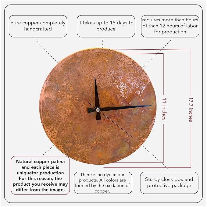Handmade Copper Wall Clock Artisan Touch in Every Piece - Tree of Time Wall Decor Copper Clock for Living Room, Office, Kitchen & Bedroom (Rusty Clock, 11)