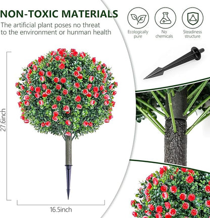 2 Set Artificial Rose Bushes for Outdoors, 27.6''H Artificial Boxwood Plants Outdoor with Spike, Faux Flowering Shrubs, UV Resistant Large Topiary Balll Trees for Porch Garden Yard Patio Decor