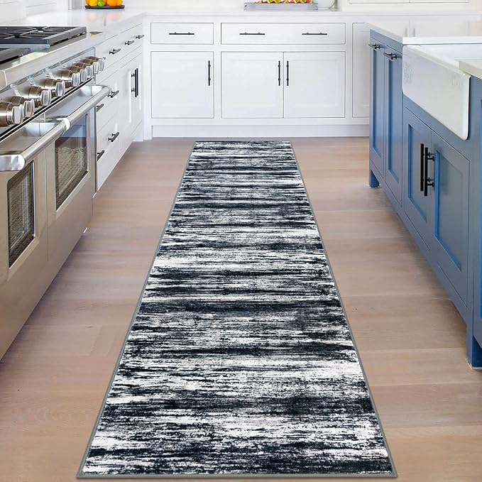 KOZYFLY Modern Abstract Hallway Runner Rug, 2x8 Washable Rug Runner Non-Slip Soft Striped Kitchen Runner Rugs, Black Navy Blue Grey Carpet Runner for Entryway Bathroom Laundry Room Foyer