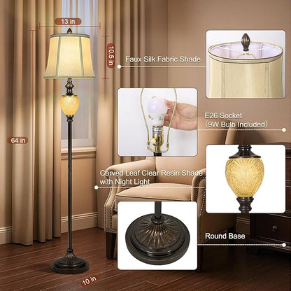 Vintage Floor Lamp with Nightlight, 64" Tall Lamp with Beige Faux Silk Shade, Rotary Switch, Farmhouse Design Brown Standing Lamp for Living Room Bedroom Office Dining Room Corner (LED Bulb Included)