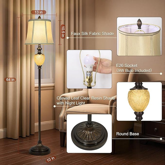 Vintage Floor Lamp with Nightlight, 64" Tall Lamp with Beige Faux Silk Shade, Rotary Switch, Farmhouse Design Brown Standing Lamp for Living Room Bedroom Office Dining Room Corner (LED Bulb Included)