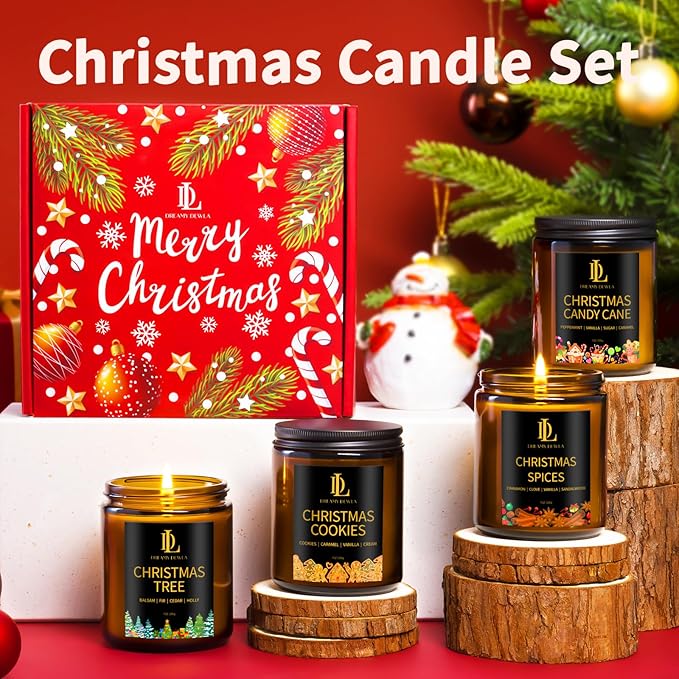 Holiday Candle Set, Scented Candle for Home, 4 Pack Soy Candles for Home Scented, Valentine's Day Candle Gifts for Women Men, Scents of Christmas Tree/Cookies/Spices/Candy Cane