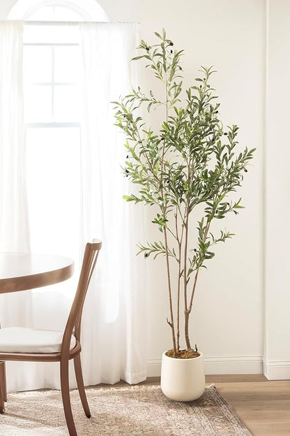 Kate and Laurel Oliveira Faux Olive Tree with Jia Curved Planter Pot, 7 FT, Cream, Potted Artificial Tree Indoor with Realistic Foliage and Added Moss, Fake Plant for Living Room Decor