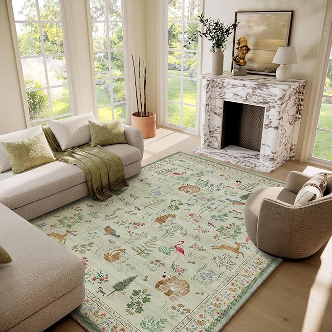 6x9 Area Rugs for Living Room: Washable Rug Vintage Bedroom Rugs Stain Resistant Non Slip Low Pile Soft Lightweight Carpet for Kitchen Dining Room Farmhouse Nursery Kids Room Indoor