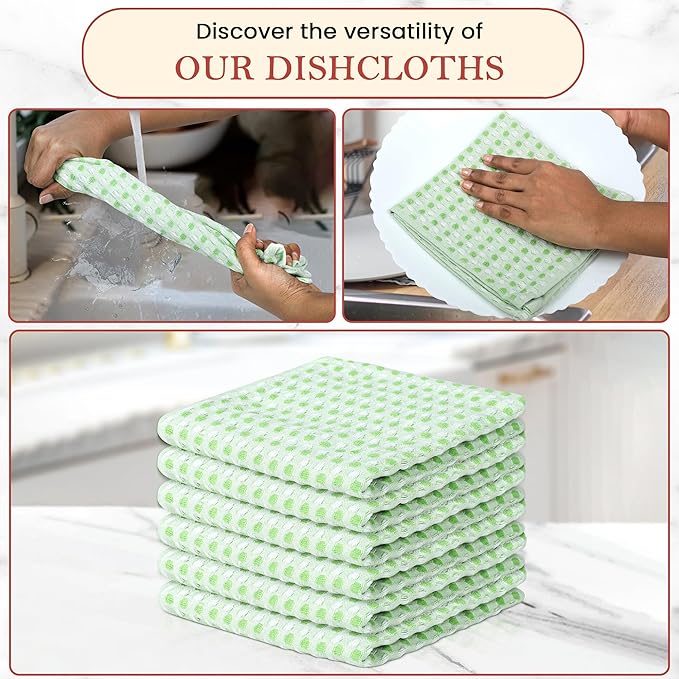 Vintage Vista 100% Cotton Dish Cloths (Pack of 6) - Dish Rags for Washing Dishes - Reusable & Highly Absorbent Kitchen Towels - Kitchen Rags for Christmas - (12" x 12" - Green Honeycomb)