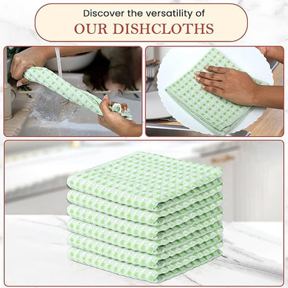 Vintage Vista 100% Cotton Dish Cloths (Pack of 6) - Dish Rags for Washing Dishes - Reusable & Highly Absorbent Kitchen Towels - Kitchen Rags for Christmas - (12" x 12" - Green Honeycomb)