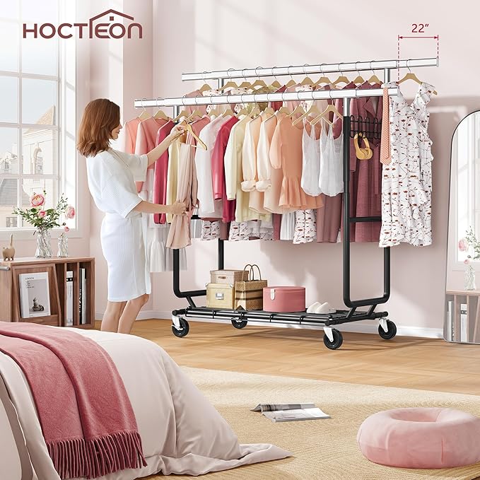 Hoctieon 2-Minute Assembly Double Rod Clothes Rack, Heavy Duty Rolling Clothing Racks with Wheels, Foldable Commercial Garment Rack, Extendable Hanging Bar, Adjustable Metal Pole with Hooks, Black