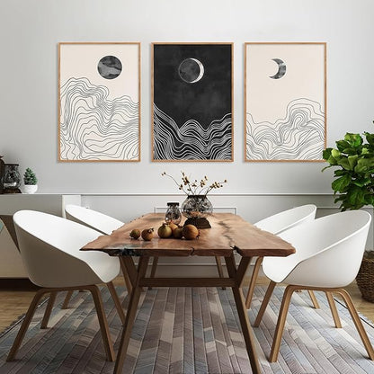 HLNIUC Black and White Abstract Wall Art Set of 3, Large Boho Framed Canvas Decor(16x24), Modern Celestial Sun Moon Painting, Geometric Line Mountain Art Print for Living Room, Bedroom, Office