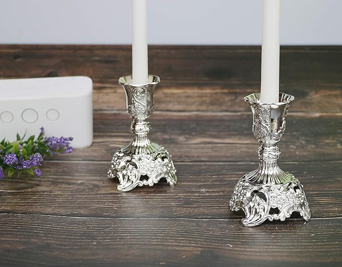 Silver Taper Candle Holders with Deluxe Engraved Design, Set of 2 Premium Metal Silver Candlestick Holders (Silver)