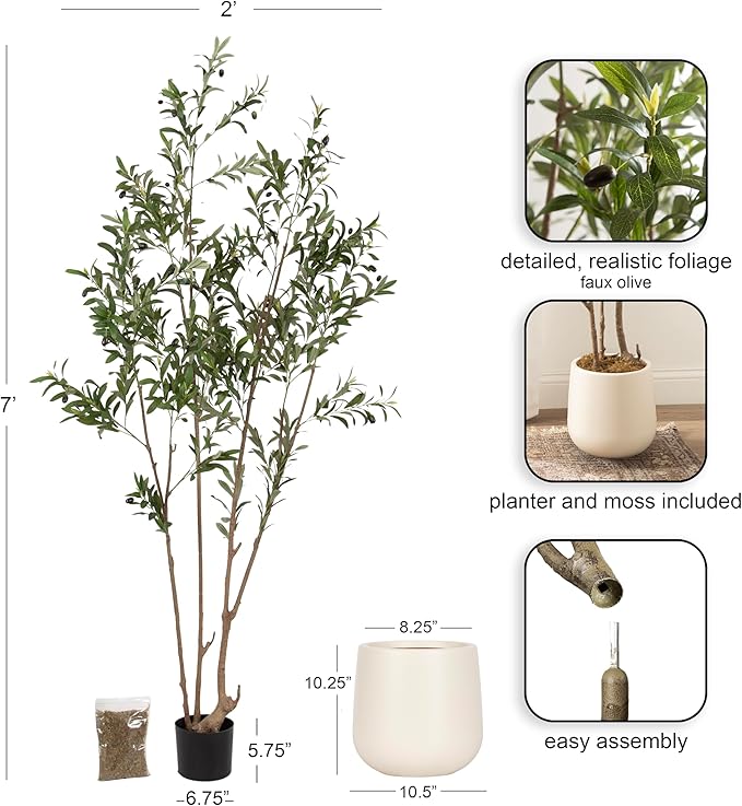 Kate and Laurel Oliveira Faux Olive Tree with Jia Curved Planter Pot, 7 FT, Cream, Potted Artificial Tree Indoor with Realistic Foliage and Added Moss, Fake Plant for Living Room Decor