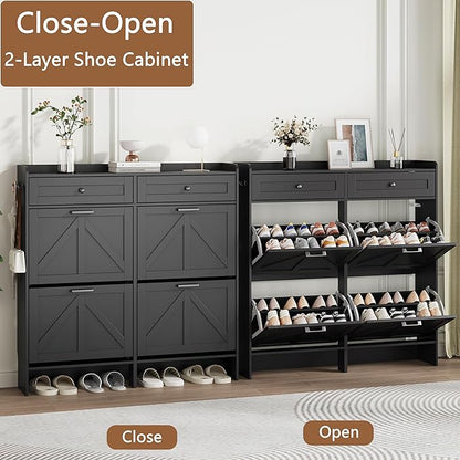 Shoe Cabinet with 4 Flip Drawers & 2 Top Drawers, 43" Tall Freestanding Narrow Wooden Shoe Storage Organizer for Entryway, Hidden Slim Shoe Rack for Front Door Entrance, Hallway, Living Room, Black