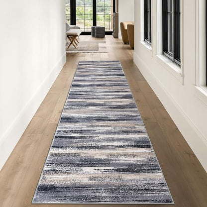 Modern Abstract Runner Rug 3x10, Grey Black Multi Washable Kitchen Runner Non-Slip Soft Hallway Rug Runner Thin Print Faux Wool Carpet for Entryway Bedroom Laundry Room Indoor Home Office Decor