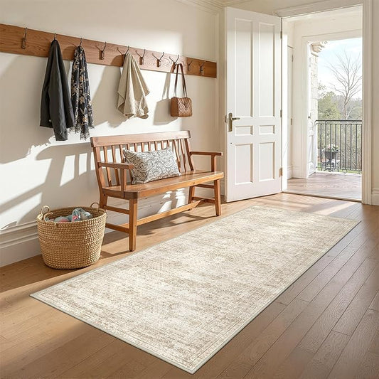 3x6 Runner Rug Non Slip, Thin Entryway Washable Rug for Entryway, Runners for Hallways, Low Pile Vintage Abstract Soft Rugs for Living Room, Kitchen, Bedroom(3'x6', Beige/Ivory)