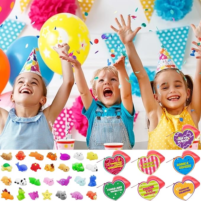 28 Pack Valentines Day Gifts for Kids, Mochi Squishies Party Favor Set with Valentines Greeting Cards for Kids Valentine School Gifts Prize Classroom Exchange Gift Set