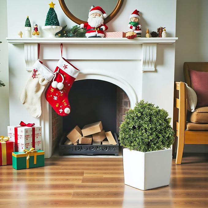 THE BLOOM TIMES 2ft Faux Boxwood Plants Outdoor Set of 2, 24" UV-Resistant Artificial Evergreen Topiary Ball, Fake Potted Greenery Shrubs & Bushes for Front Porch Planter, Patio Outside Decor