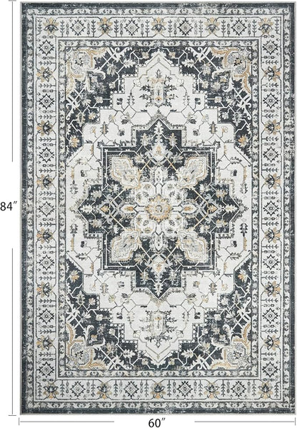 zesthome 5x7 Area Rugs, Machine Washable Rugs for Living Room, Bedroom,Stain Resistant Vintage Large Area Rug,Non-Slip Medallion Pattern Home Decor Rugs (Black,5'x7')