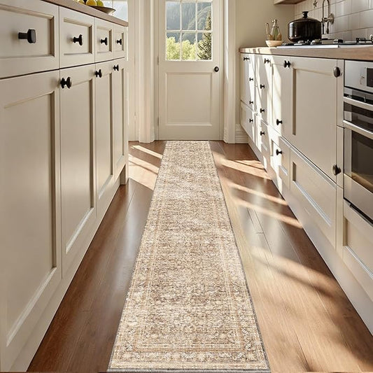 OPPODREAM Thin Vintage Beige 2x12 Runner Rug, 2 x 12 Retro Washable Rug Non Slip, Low-Pile Faux Wool Carpet, Distressed Tan Floor Mat for Kitchen, Hallway, Entry-Way, Entrance, Indoor Back Door