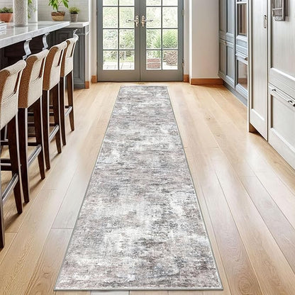 Modern Abstract Runner Rug 2x12, Beige Grey Neutral Washable Long Kitchen Runner Non-Slip Soft Hallway Rug Runner Thin Print Faux Wool Carpet for Entryway Bedroom Laundry Room Indoor