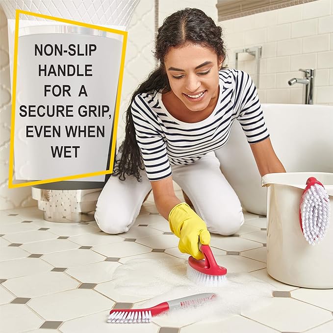 Scrub Brush Set of 3pcs - Cleaning Shower Scrubber with Ergonomic Handle and Durable Bristles - Grout Cleaner Brush - Scrub Brushes for Cleaning Bathroom, Shower, Tile, Kitchen, Floor, Bathtub, Floor