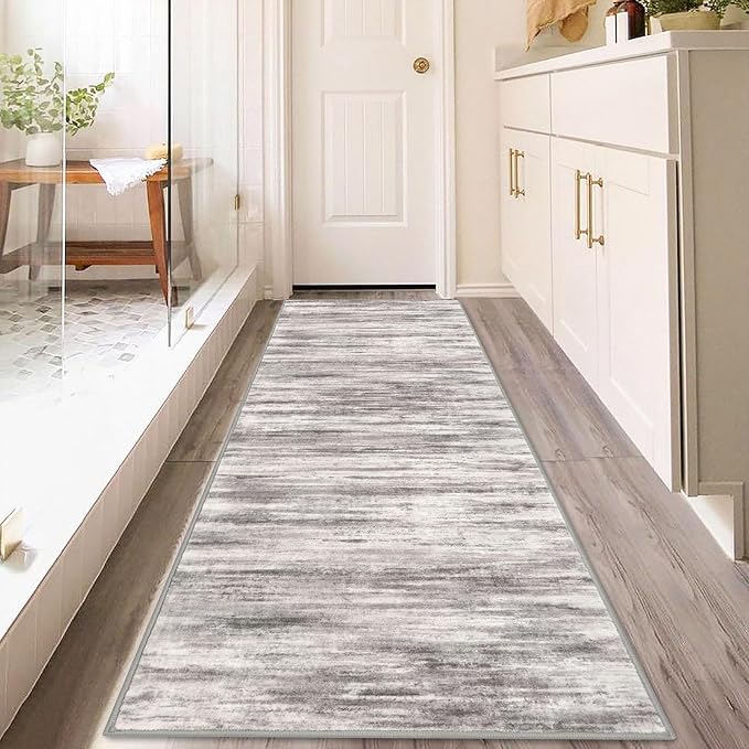 KOZYFLY 3x8 Ft Rug Modern Ombre Runner Rug for Hallway, Washable Kitchen Rugs Non-Slip Soft Striped Entryway Rug, Print Grey-Beige Abstract Carpet for Laundry Nursery