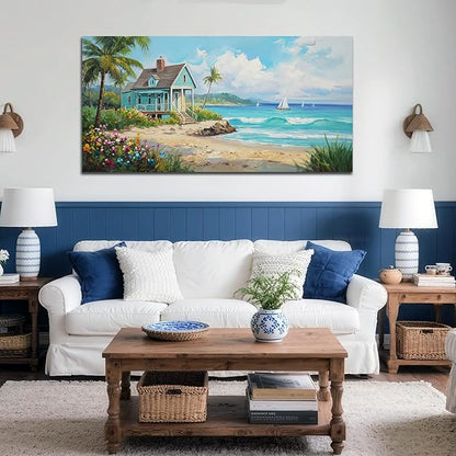 Anolyfi Tropical Canvas Wall Art for Living Room, Palm Tree Nature Coastal Seascape Painting Wall Decor Textured Artwork for Bedroom Hallway Kitchen Office Home Decor 40"x20"