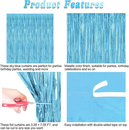 2 Pack Backdrop Curtains, 3.28 Feet x 7.05 Feet Sky Blue Tinsel Backdrop, Metallic Fringe Curtains Foil Tinsel Party Streamer, Winter Backdrop Happy Birthday Party Supplies