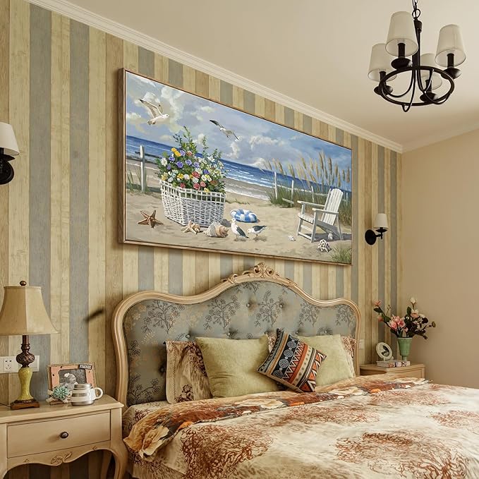 ARTZON Coastal Canvas Wall Art – Framed Sea Scene Oversized Print Artwork Beach Chair Sand Blue Ocean Landscape Picture for Living Room, Office Decor, 58x29 Inch