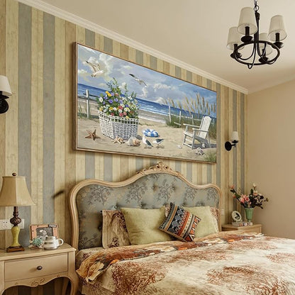 ARTZON Coastal Canvas Wall Art – Framed Sea Scene Oversized Print Artwork Beach Chair Sand Blue Ocean Landscape Picture for Living Room, Office Decor, 58x29 Inch