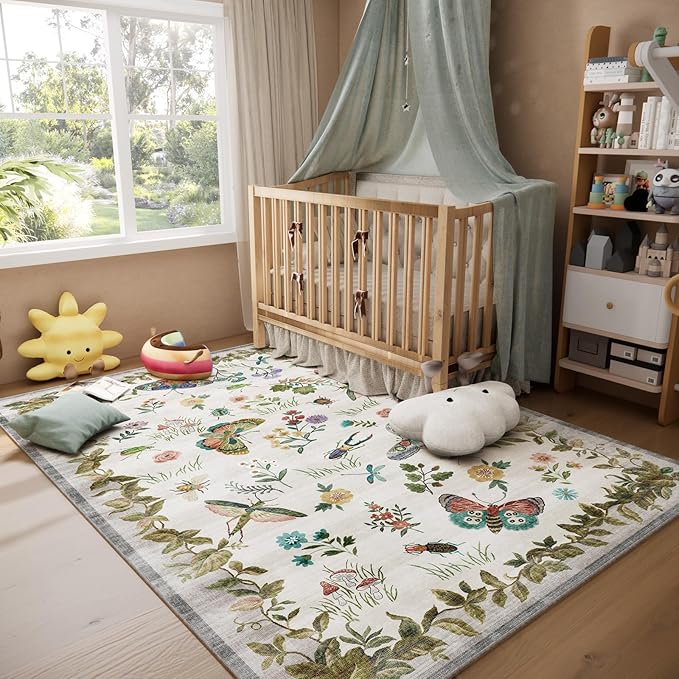 Washable Area Rugs for Living Room: 5x7 Bedroom Rug Vintage Rugs Stain Resistant Non Slip Low Pile Soft Lightweight Carpet for Kitchen Dining Room Farmhouse Nursery Kids Room Indoor