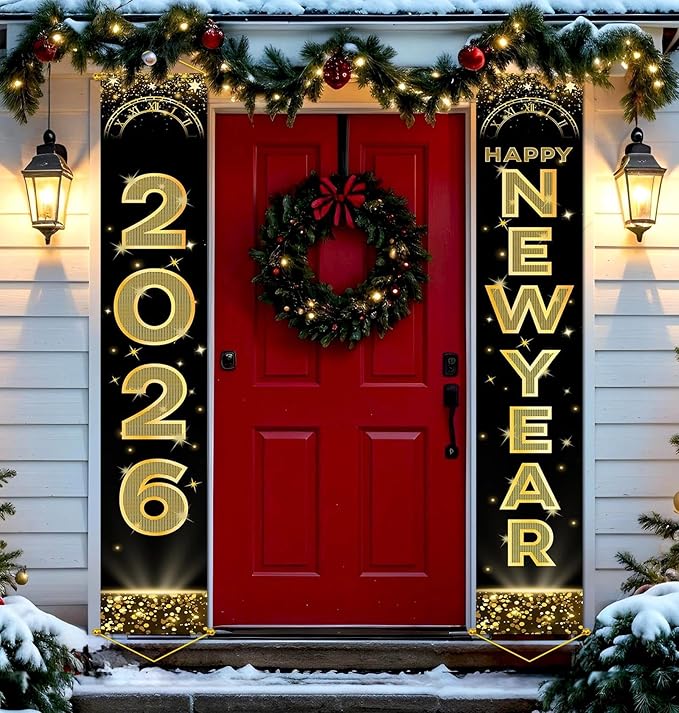 Upgraded, Ideal New Years Eve Party Supplies 2026, 300D Premium New Year Banner 2026, Large 71x12in (with 2pcs Golden hanging rod) Classic Design, HQ Fabric, HD Printing, Perfect for NYE Decorations