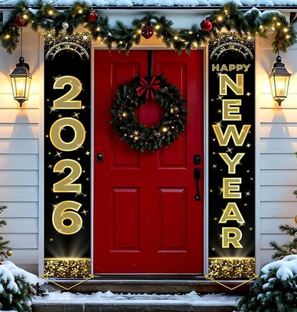 Upgraded, Ideal New Years Eve Party Supplies 2026, 300D Premium New Year Banner 2026, Large 71x12in (with 2pcs Golden hanging rod) Classic Design, HQ Fabric, HD Printing, Perfect for NYE Decorations