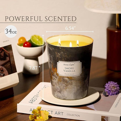 HomeLights Scented Candles | Large Jar 34 Oz Natural Soy Candle | 130 hrs Long-Lasting with 3 Wicks | Industrial Chic Home Decor | Gifts for Mom & Women, Smoke Vanilla