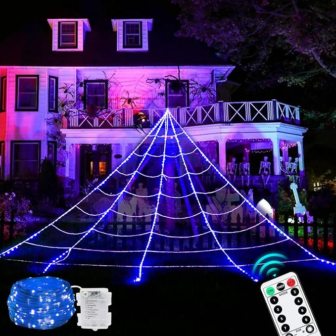 390 LED Halloween Spider Web Lights Decor, 5m Giant Net Lights with 26m Light Chain & Remote Control (8 Light Modes & Timer), Decoration for Garden Indoor Outdoor - Blue