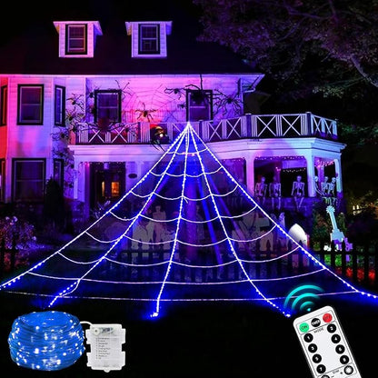 390 LED Halloween Spider Web Lights Decor, 5m Giant Net Lights with 26m Light Chain & Remote Control (8 Light Modes & Timer), Decoration for Garden Indoor Outdoor - Blue