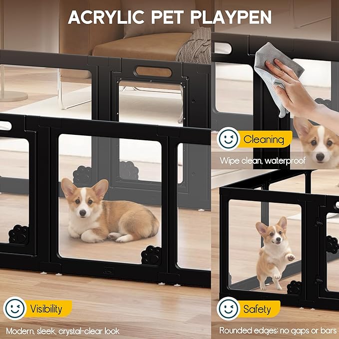 Albott Acrylic Clear Dog Playpen Indoor, Modular Puppy Cat Small Pet Play Pen with 2 Doors, Transparent Fence for Little Dogs, Cats, Rabbits, Easy Assemble and Disassemble, Black (24" H, 10 pcs)