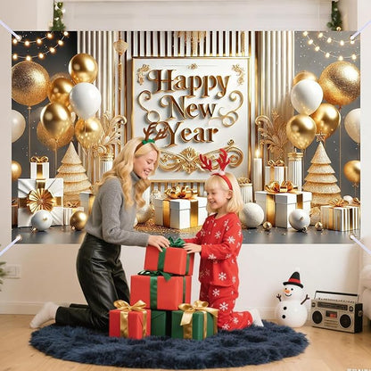 Nuxovilar Happy New Year Banner, Vintage Frame Golden Balloons Backdrop for Party Decorations, 71x43 Inch