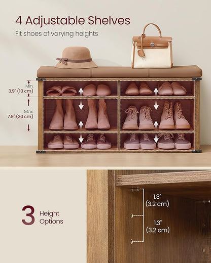 VASAGLE Shoe Storage Bench with Removable Cushion, Shoe Rack with Padded Seat, Entryway Bench with 6 Open Compartmens, Adjustable Shelves, for Hallway, Bedroom, Honey Brown ULSB105K01