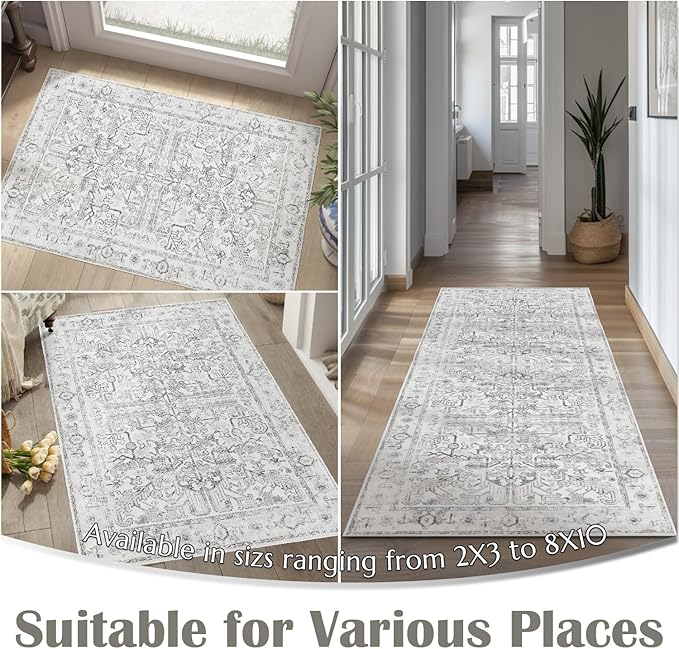 jinchan 2x3 Washable Rug for Entryway - Vintage Floral Ultra-Thin Low Pile Soft Small Non Slip Distressed Indoor Door mat Accent Area Rug for Entrance Kitchen Bathroom Bedroom (2x3ft,Grey)