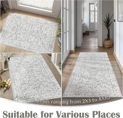 jinchan Runner Rug 2x5 Washable Hallway Runner - Vintage Floral Non Slip Low-Pile Soft Ultra-Thin Kitchen Rug Distressed Carpet for Farmhouse Bedroom Entryway Laundry Room (2x5ft,Grey)