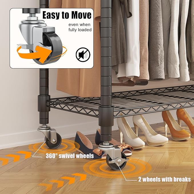 Heavy Duty Garment Rack Adjustable 3 Tiers Wire Shelving Rolling Clothes Rack with Double Rods and Side Hooks, Freestanding Wardrobe Storage Rack Metal Clothing Rack, Black