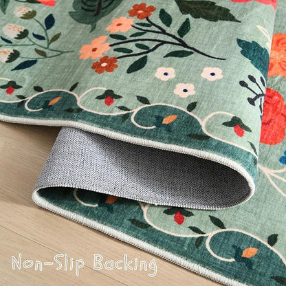 Rugcomf Living Room Rug 6x9 Rug Machine Washable Boho Area Rug Non Slip Floral Vintage Low Pile Large Rug for Living Room, Bedroom, Farmhouse, Dining Room, Kids Playroom(Green)