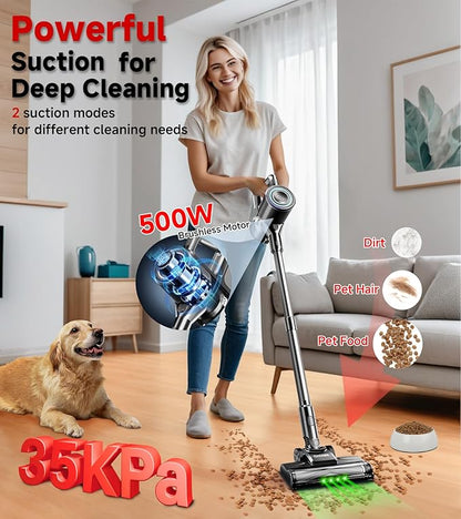 Cordless Vacuum Cleaner, 500W/35Kpa Self-Standing Lightweight Stick Vacuum with Green Light, 45Mins Runtime Vacuum Cleaners for Home, Anti-Tangle Vacuum for Pet Hair Hardwood Floor Carpet, Grey
